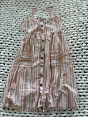 Roxy Peach and White Striped Button-Front Sundress